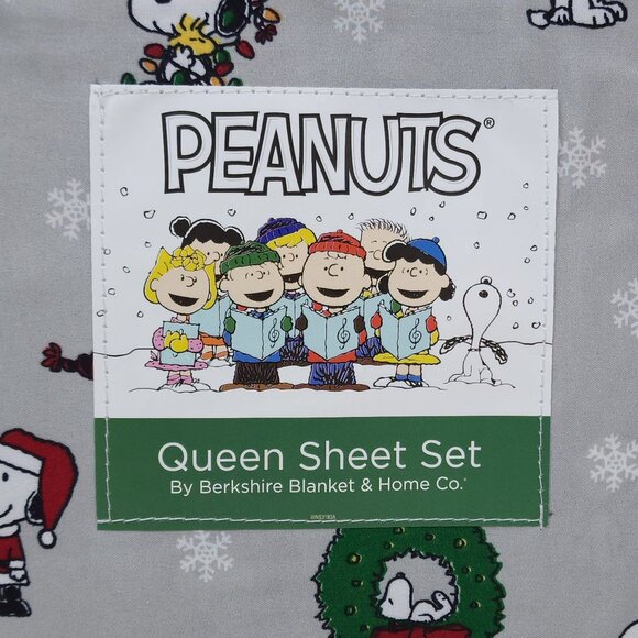 Peanuts Christmas Snoopy Queen Sheet Set Berkshire Holiday Bedding Wreath Tree - Picture 4 of 7
